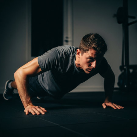 Young man doing push-ups on a mat in a gym.の素材