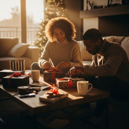 Smiling african american man and woman exchanging Christmas gifts at homeの素材