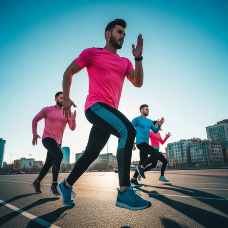 multiethnic group of young people running on a city road, healthy lifestyle conceptの素材
