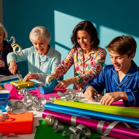 Grandmother, grandmother and grandson making wrapping paper for Christmas presents.の素材