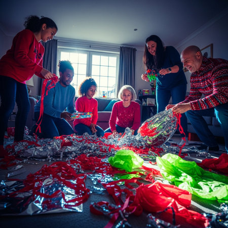 Multi-ethnic group of friends celebrating Christmas and New Year at homeの素材