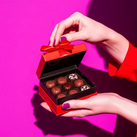Box of chocolates in female hands on a pink background.の素材