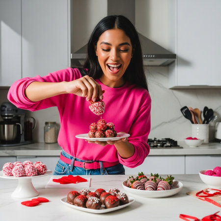 selective focus of happy asian woman decorating chocolate candies in kitchenの素材