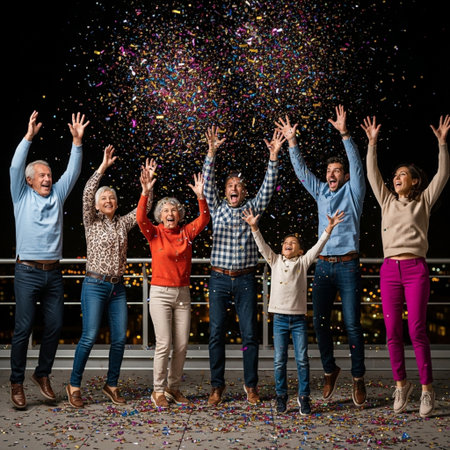 multiethnic family with confetti celebrating birthday party on balcony at nightの素材