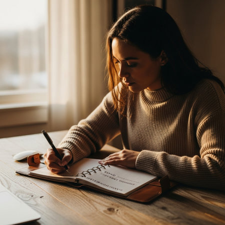 Beautiful young woman writing in notebook while sitting at table at homeの素材