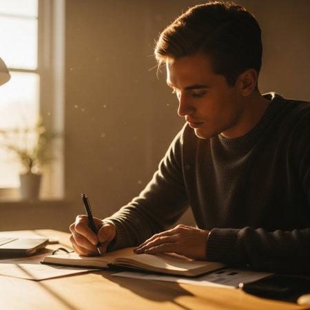 Photo of concentrated young man writing in notebook while sitting at table in officeの素材