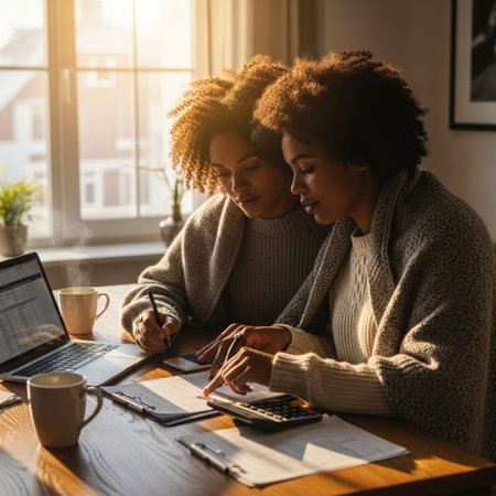 Image of two young african american women using laptop computer while working at home.の素材