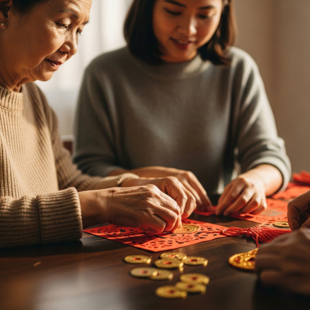 Asian senior mother and her adult daughter playing Chinese chess together in the living room.の素材