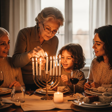Happy family celebrating Hanukkah at home. Three generations of women and a little girl are having fun together.の素材