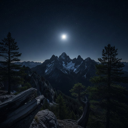 Moonlight over the mountains and coniferous forest in the foregroundの素材