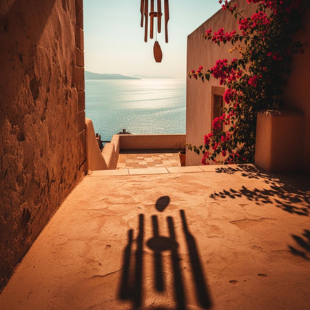 Santorini island, Greece. View of the sea from the stairs.の素材