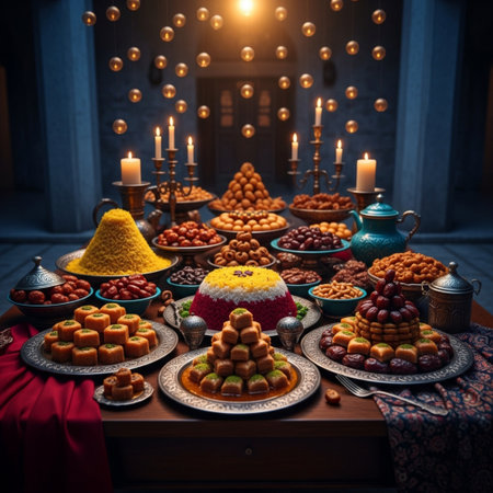Dishes of sweets and candies on the table. Ramadan Kareem.の素材