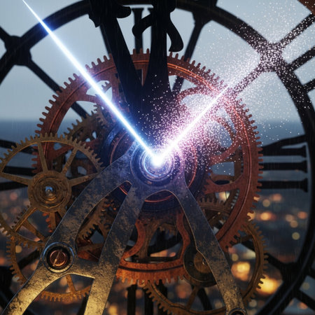 Double exposure of gear wheel mechanism with light beam and cityscape backgroundの素材