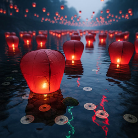 Red lanterns floating on the water in the night, chinese new year conceptの素材