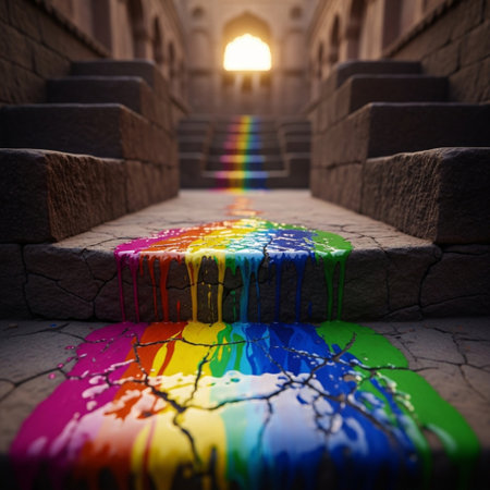Rainbow on the stairs of the old city. 3d renderingの素材