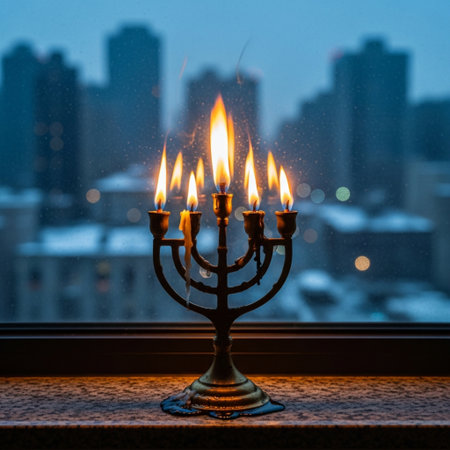 Hanukkah menorah with burning candles on the background of the city.の素材