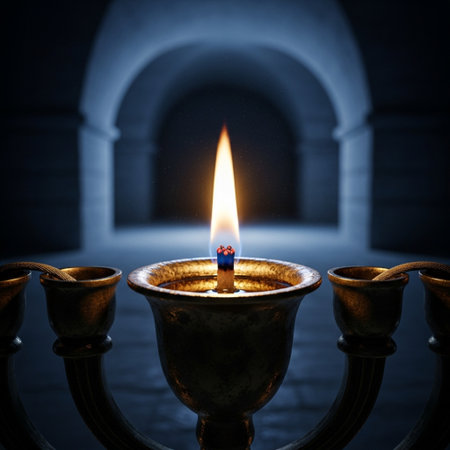 Burning candle in a candlestick in a dark room.の素材