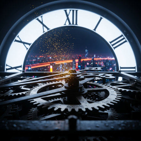 Clock face and city at night. Time management concept. 3D Renderingの素材