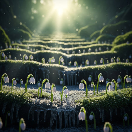 snowdrops growing in a meadow in the sun. spring conceptの素材