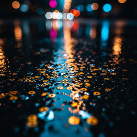Rain drops on wet asphalt with bokeh lights, abstract backgroundの素材