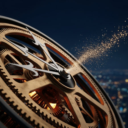 Mechanism of a clock with sparks on the background of the night cityの素材