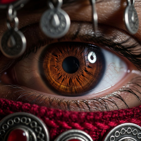 close up of a beautiful woman's eye with red scarf and buttonsの素材