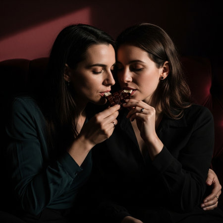 Two beautiful young women eating chocolates in a dark room.の素材