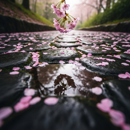 Cherry blossoms in the garden with reflection in water. Sakura season.の素材