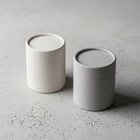 Two white jars for cosmetics on a concrete background. Copy space.の素材