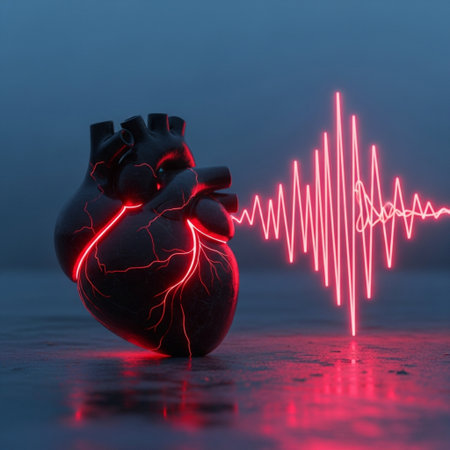 Human heart and electrocardiogram on dark background, 3d renderの素材