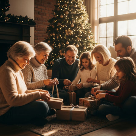 Merry Christmas and Happy Holidays! Cheerful granny and her family exchanging gifts.の素材