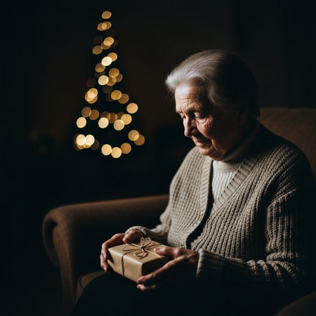 Elderly woman sitting in armchair with christmas gift.の素材