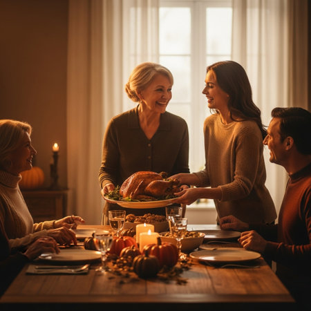 Happy family celebrating Thanksgiving together at home. Mother, father and children are sitting at the table and eating turkey.の素材