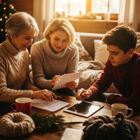 Merry Christmas and Happy Holidays! Cheerful family is preparing for the holiday. Mother, father and son are doing their homework together.の素材