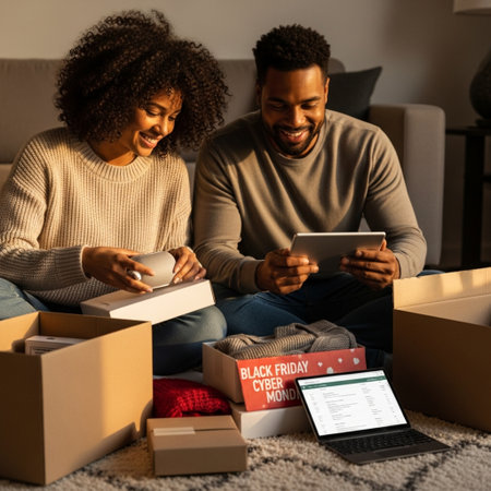 african american couple using digital tablet and packing boxes for relocationの素材