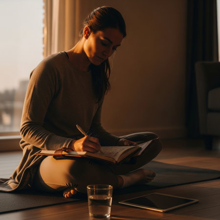 Attractive young woman writing in notebook while sitting on floor at homeの素材