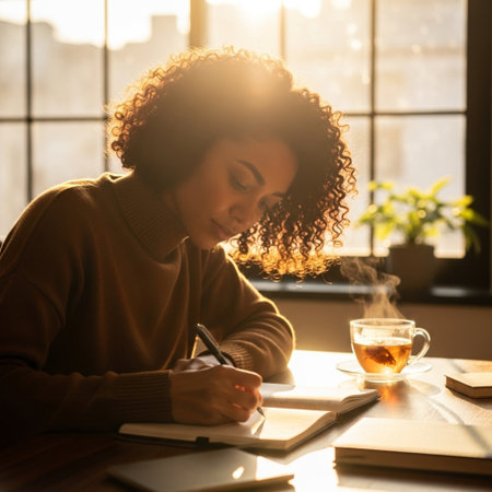 Young woman writing in diary while sitting in cafe with cup of teaの素材