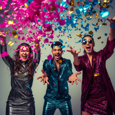 Group of young people celebrating new year or christmas party with confetti.の素材