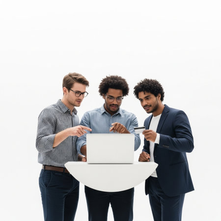 multiethnic businesspeople using laptop and looking at each other isolated on whiteの素材