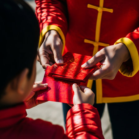 Close-up of young man giving a red envelope to his girlfriend.の素材