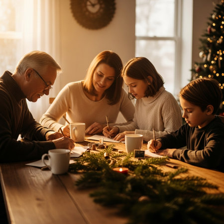Happy family sitting at table and writing letter to Santa Claus at homeの素材