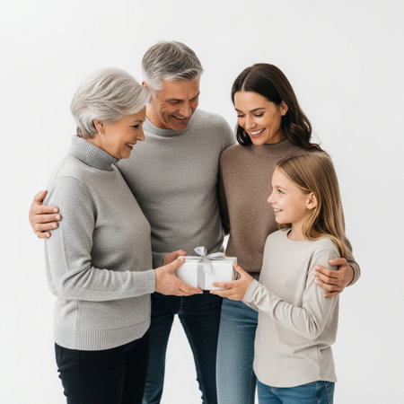 happy family holding gift box and looking at each other isolated on whiteの素材