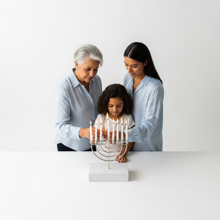 happy african american family with Hanukkah menorahの素材