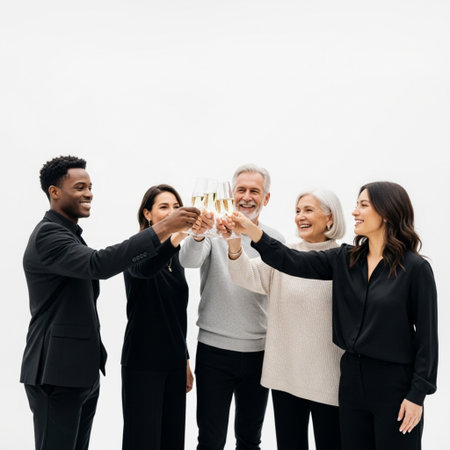 happy multiethnic businesspeople clinking glasses with champagne isolated on whiteの素材