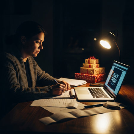 Young woman working on laptop at night in the dark. Christmas and New Year concept.の素材