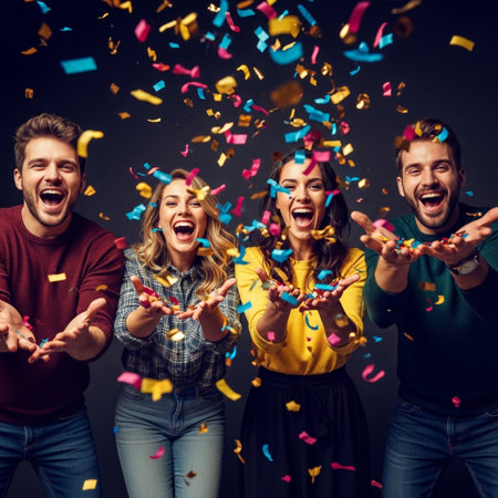 Group of happy young friends having fun with confetti on black backgroundの素材