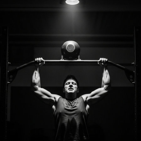 Young man lifting a kettlebell in the gym, black and whiteの素材