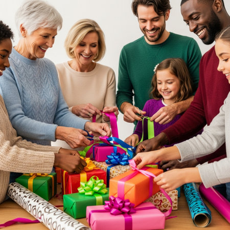 multiethnic family packing gifts for christmas and birthday at homeの素材