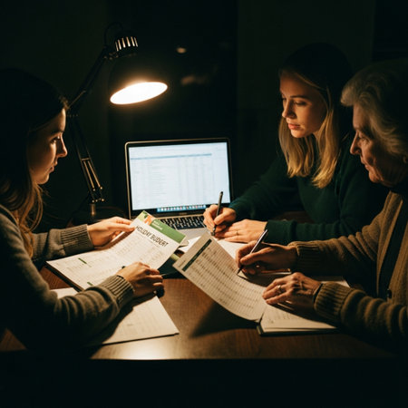 Group of students doing homework together at a table in a dark roomの素材