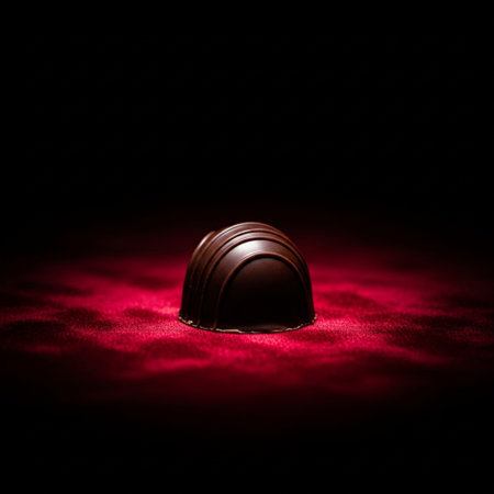 Dark chocolate candies on a red velvet background. Selective focus.の素材